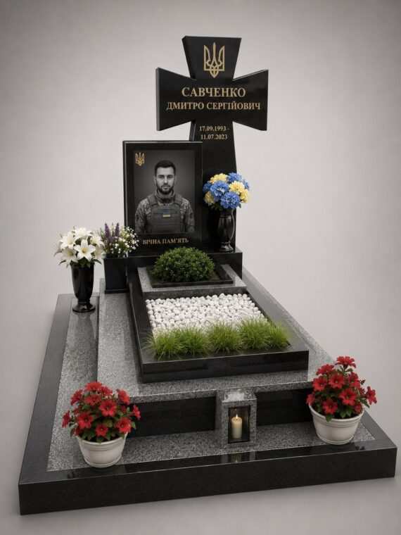 Пам'ятник загиблому воїну з габро, з гравіруванням нагород, встановлений у м. Луцьк